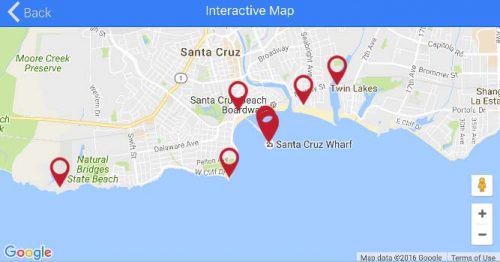 A screen shot of the stops and the interactive map feature in the self-guided mobile tour.