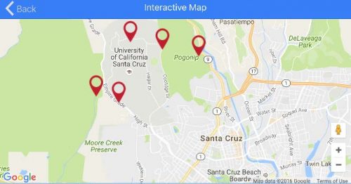 A screen shot of the stops and the interactive map feature in the self-guided mobile tour.