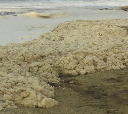 A large pile of foam at Beer Can Beach in Aptos, California, on October 14, 2016. Photo: Robin Wood.