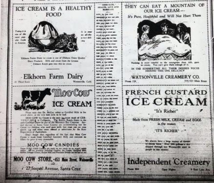 Four ads for Santa Cruz ice creameries. Image: Santa Cruz Museum of Art and HIstory.