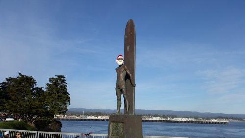 The Santa Cruz Surfing Statue all decked out for Christmas 2016. Take our self-guided mobile tour of West Cliff Drive to learn all about its history. This story is not on the website - it's only in the app. Photo: Julia Gaudinski/Mobile Ranger